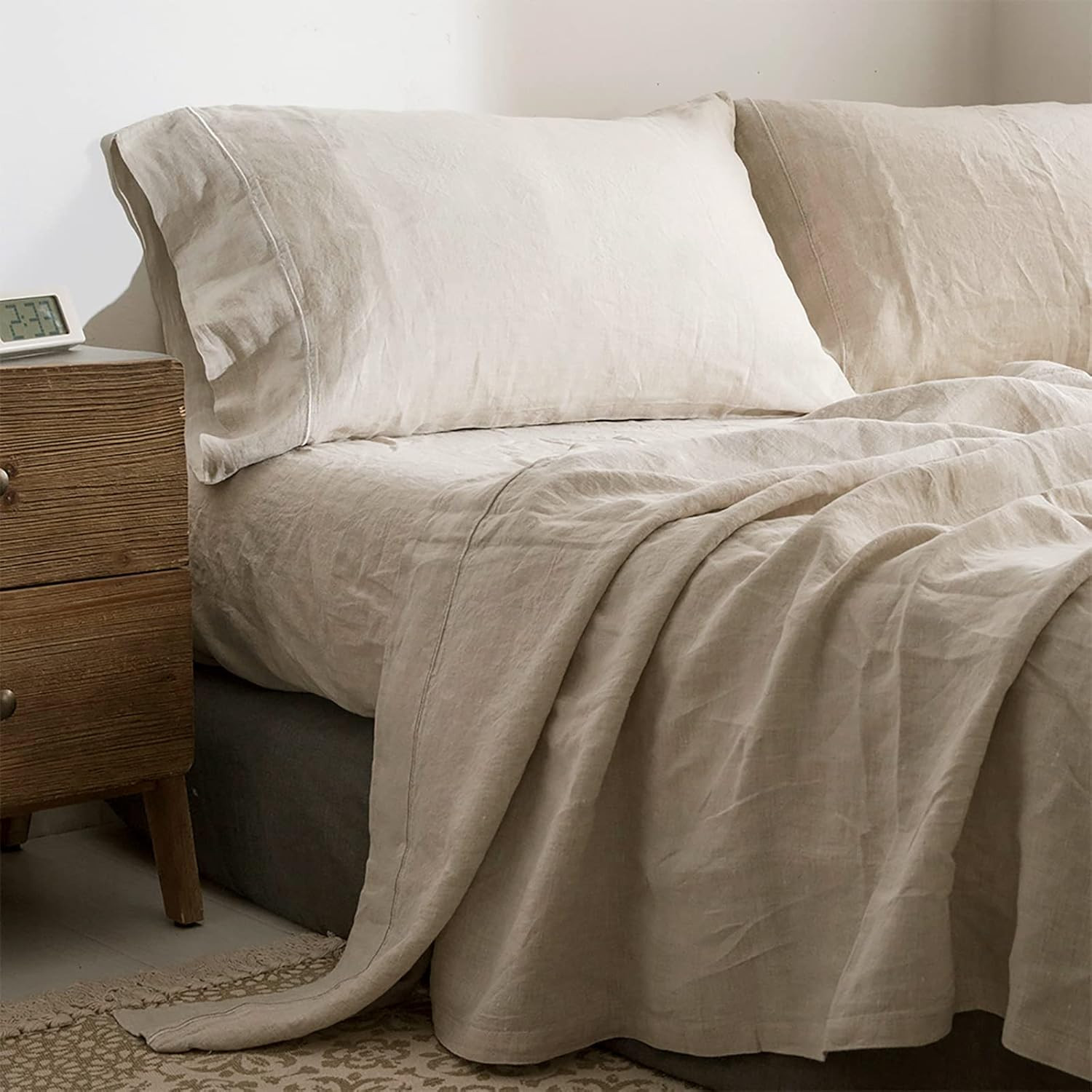 Linen King Sheet Set - 100% Soft Embroidered Natural Flax Bedding, 4 Pieces gallery