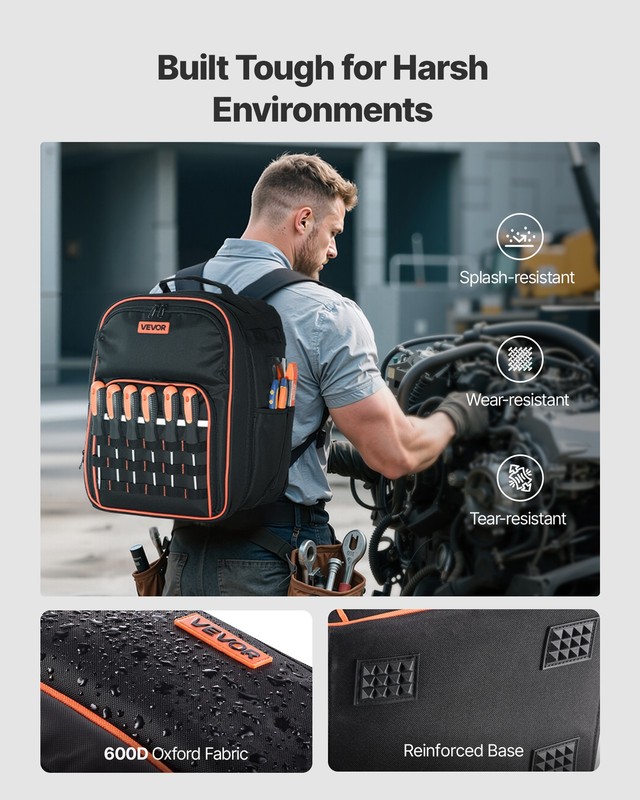 VEVOR Tool Backpack 49 Pockets Tear-resistant Jobsite Backpack for Electrician gallery