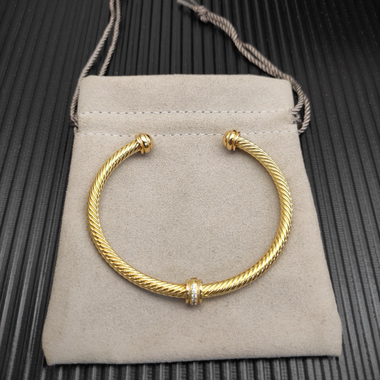 David Yurman 18k Yellow Gold Cable Cuff Bracelet w/ Pave Diamond Accents gallery