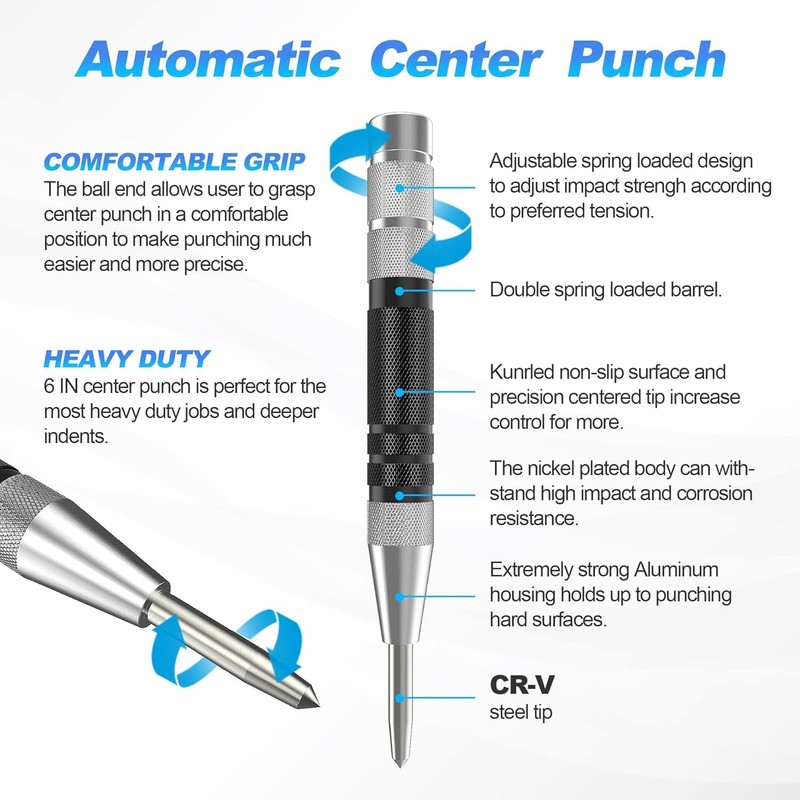 2× Super Strong Automatic Centre Punch Adjustable Spring Loaded Metal Drill TooL gallery