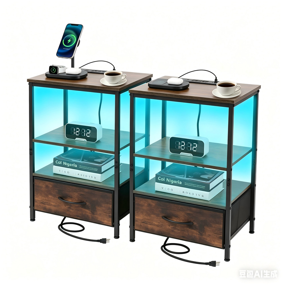 2 PACK LED Nightstand With Charging Station 1 Drawer Night Stand Bedside Table