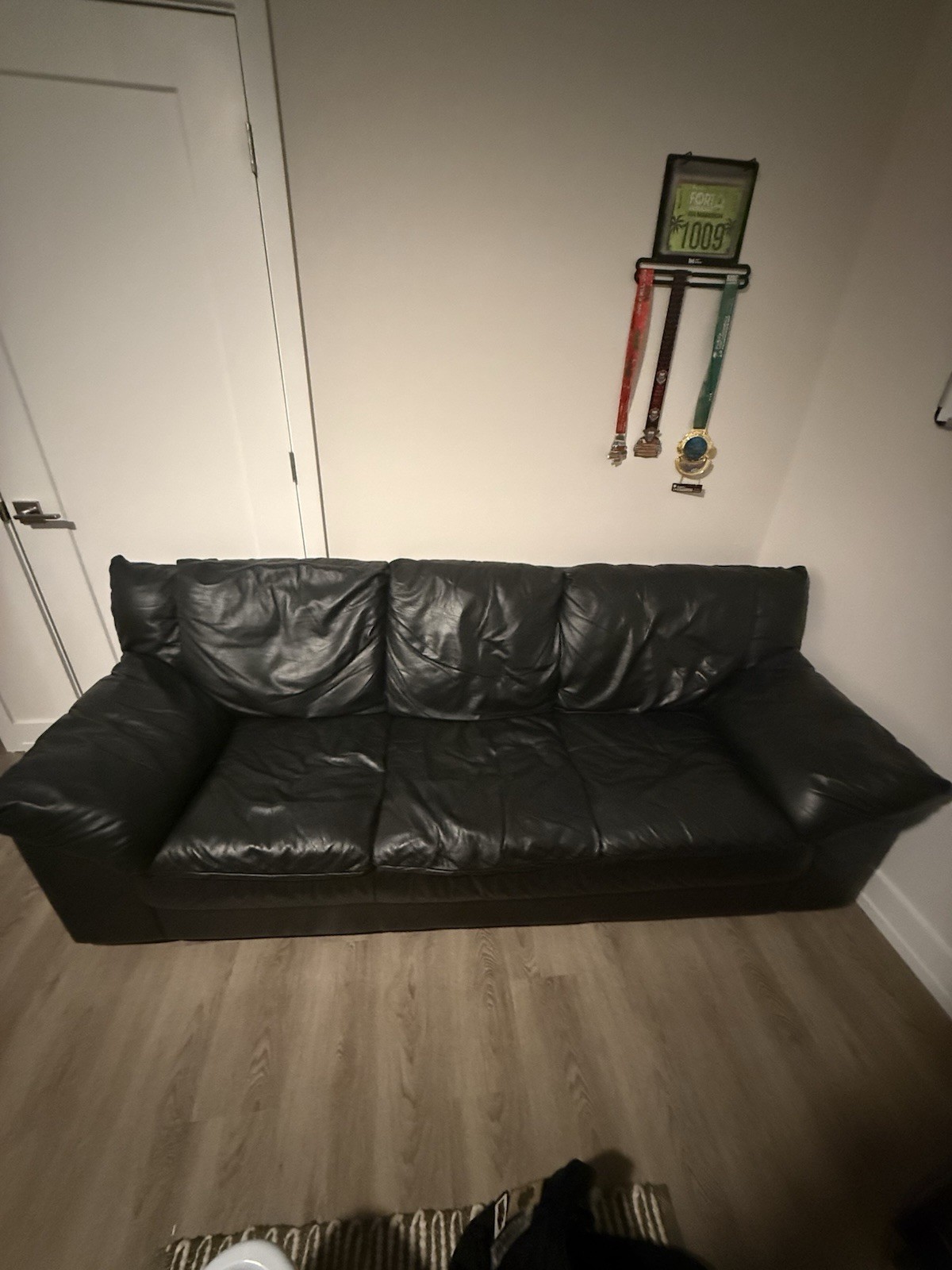 Black Leather 3-Seat Sofa, Solid Pattern, Cushion Back for Living Room gallery
