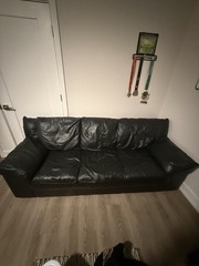 Black Leather 3-Seat Sofa, Solid Pattern, Cushion Back for Living Room