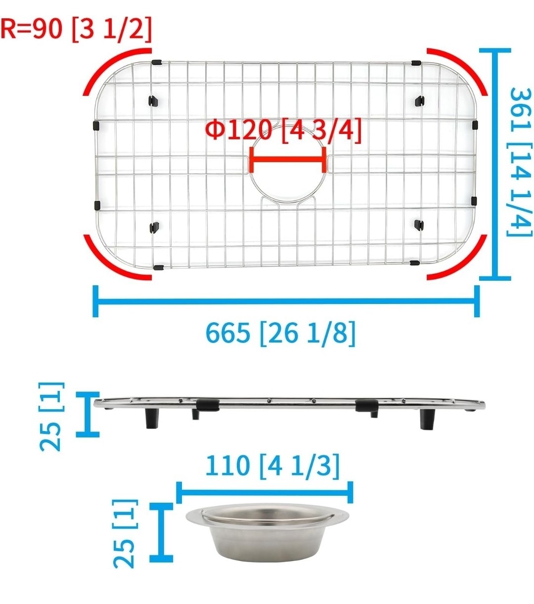 Kitchen Sink Grid 26x14 Center Drain Stainless Steel Protector Rack 26-1/8" gallery
