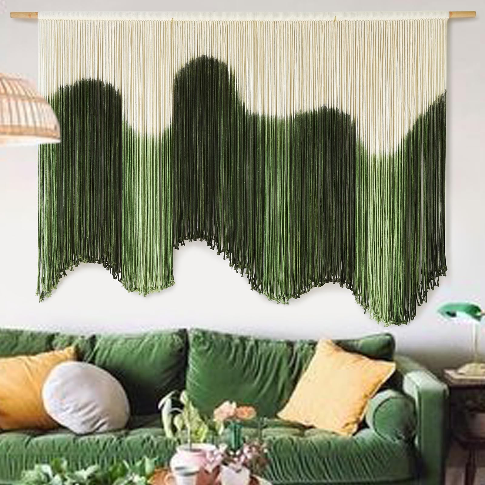 IOWER Large Macrame Wall Hanging Boho Art Green Fiber 39"L x 57"W, gallery