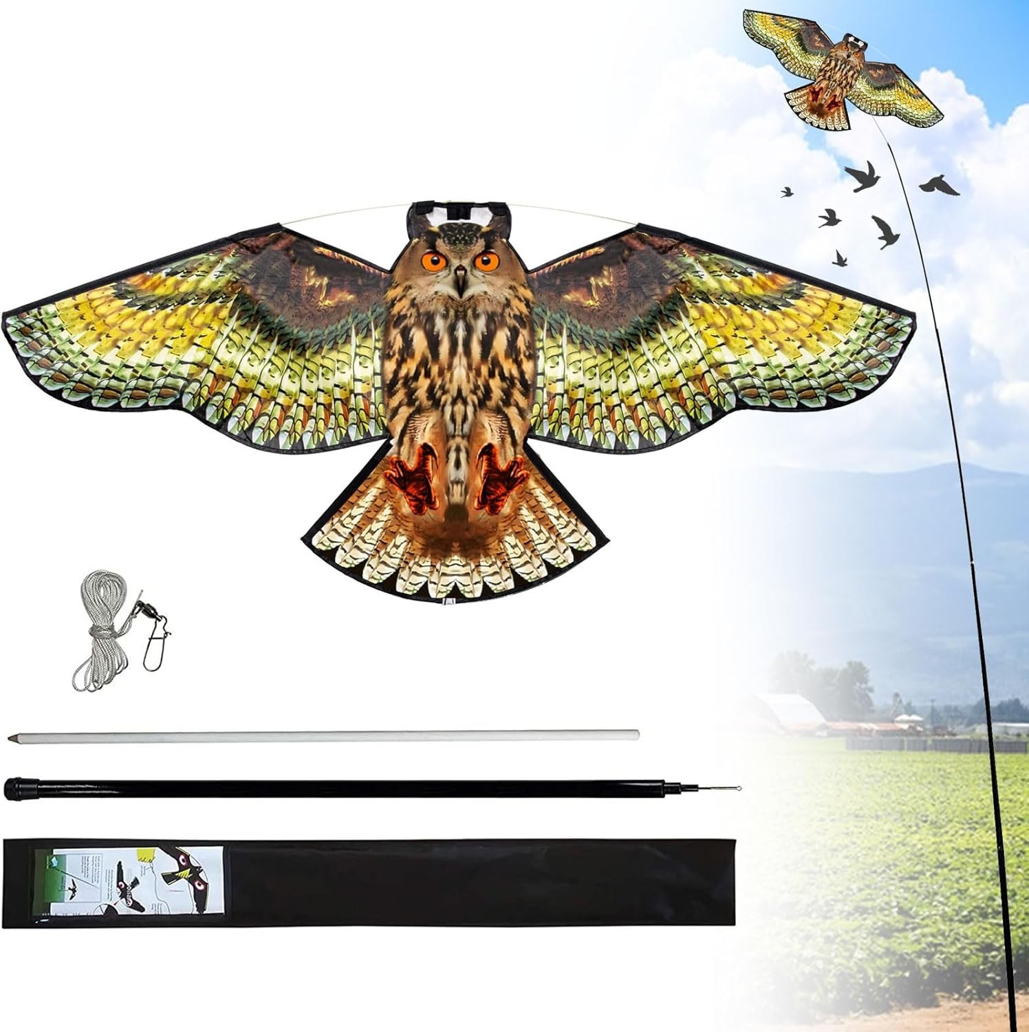 Bird Hawk Flying Kite with Pole Crop Protector Scare 4M, multicoloured gallery