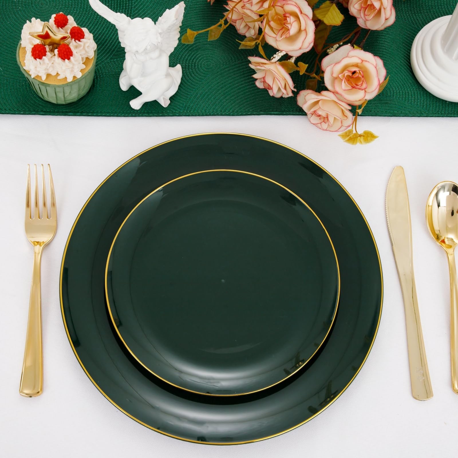 100PCS Elegant Plastic Plates Set Gold Rim | 10” Dinner 7.5” Dessert Party Table gallery
