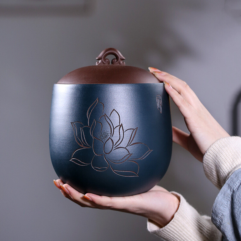 Traditional Craft Real Yixing Zisha Tea Canister For Loose Tea Hand Carved Lotus gallery