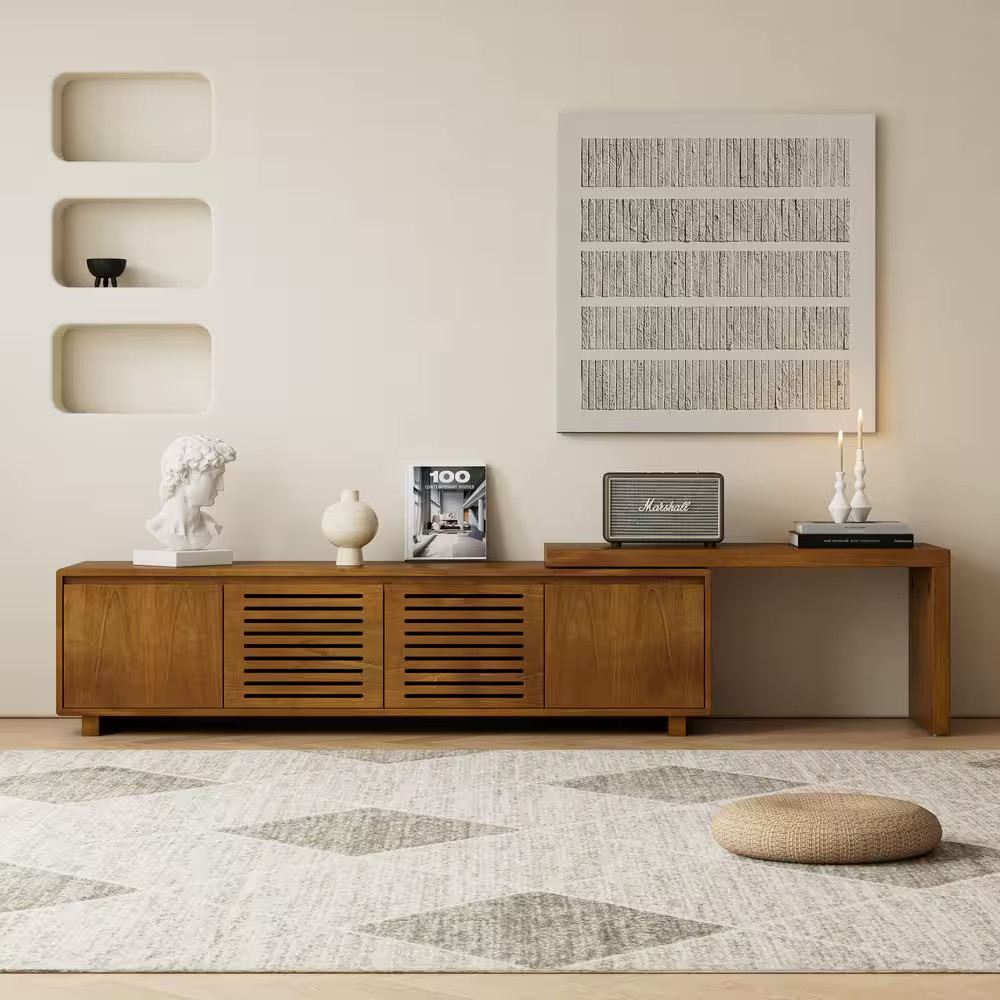 63 In. Modern Wood Extendable TV Stand with Real Wood Veneer Finish, Adjustable gallery