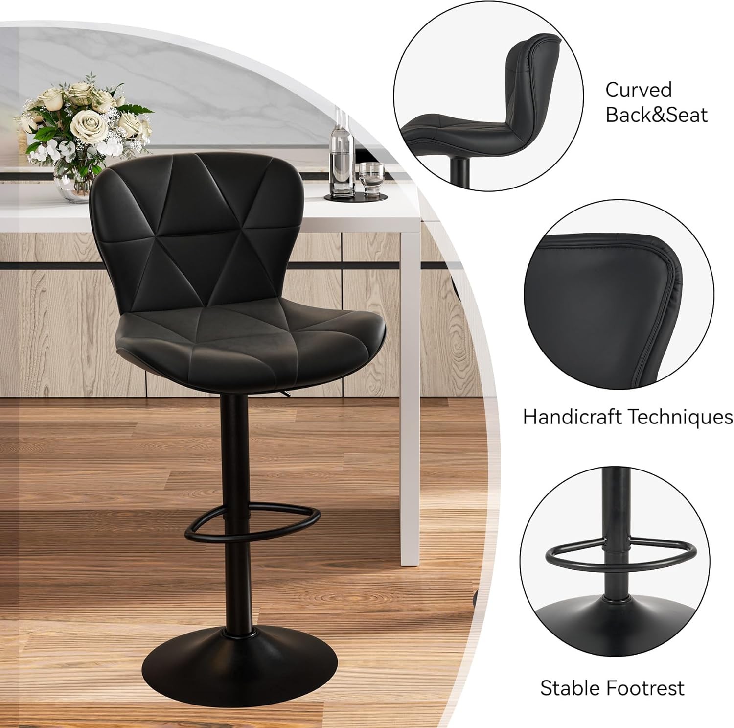 Modern Bar Stools Set of 2,Adjustable Faux Leather Upholstered Swivel Bar Stools gallery