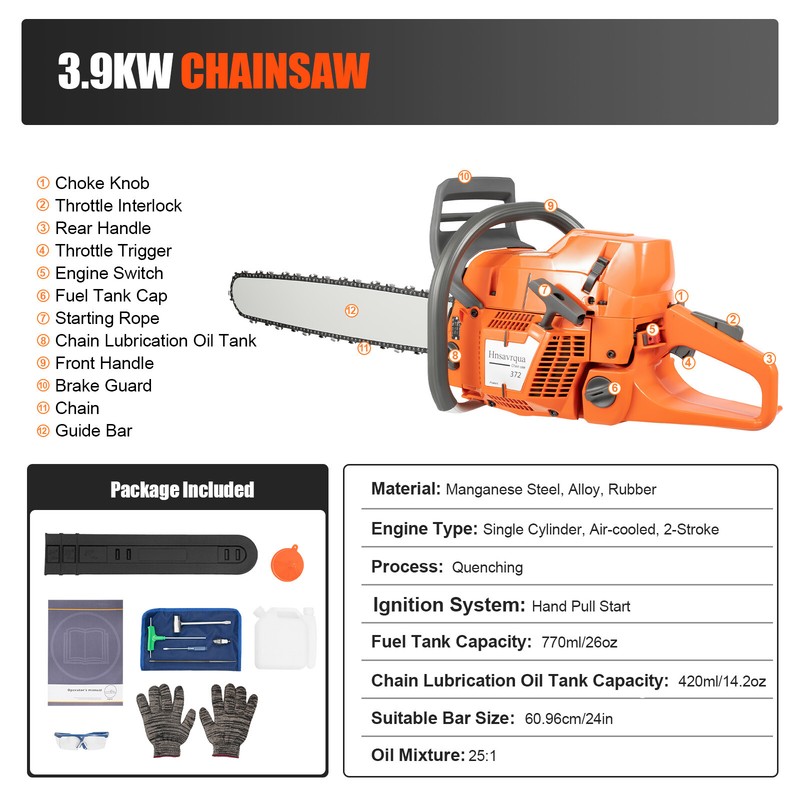 72cc Gas Powered Chainsaw with 24" Guide Bar Saw Chain 2-Stroke Engine Cut Wood gallery