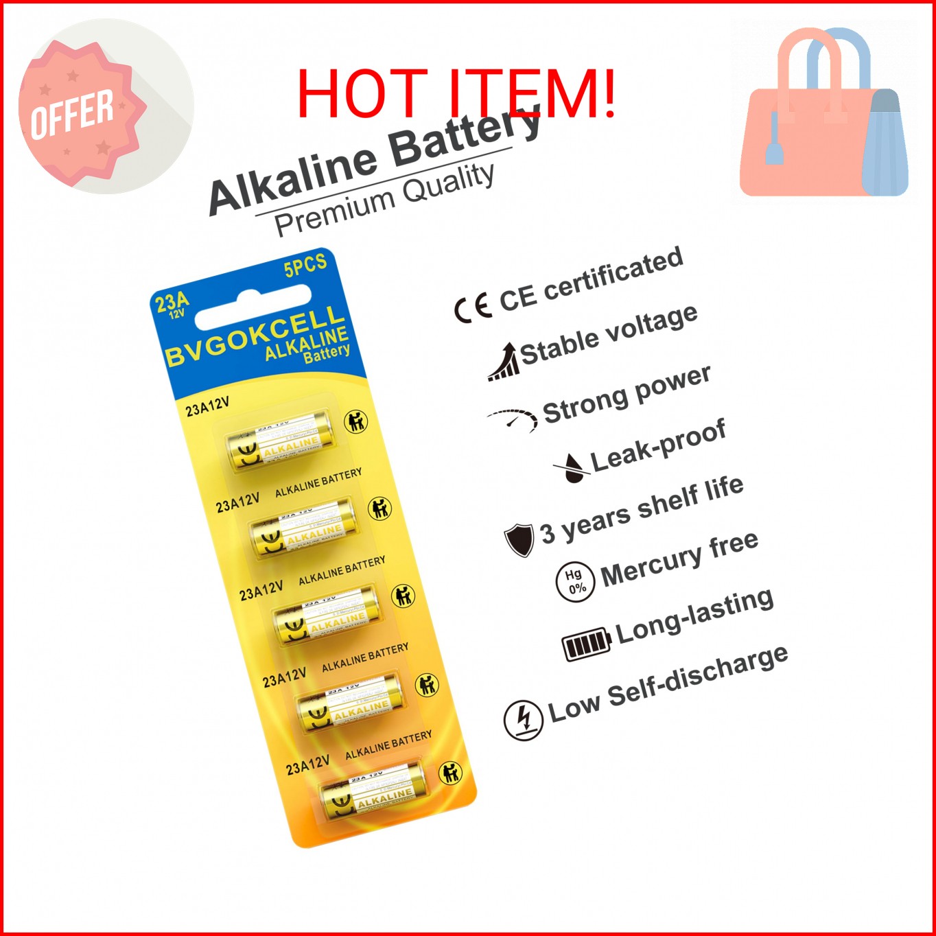 Bvgokcell A23 23A 12 Volt Battery (5-Pack), MN21/23 12V Alkaline Battery, Long L gallery