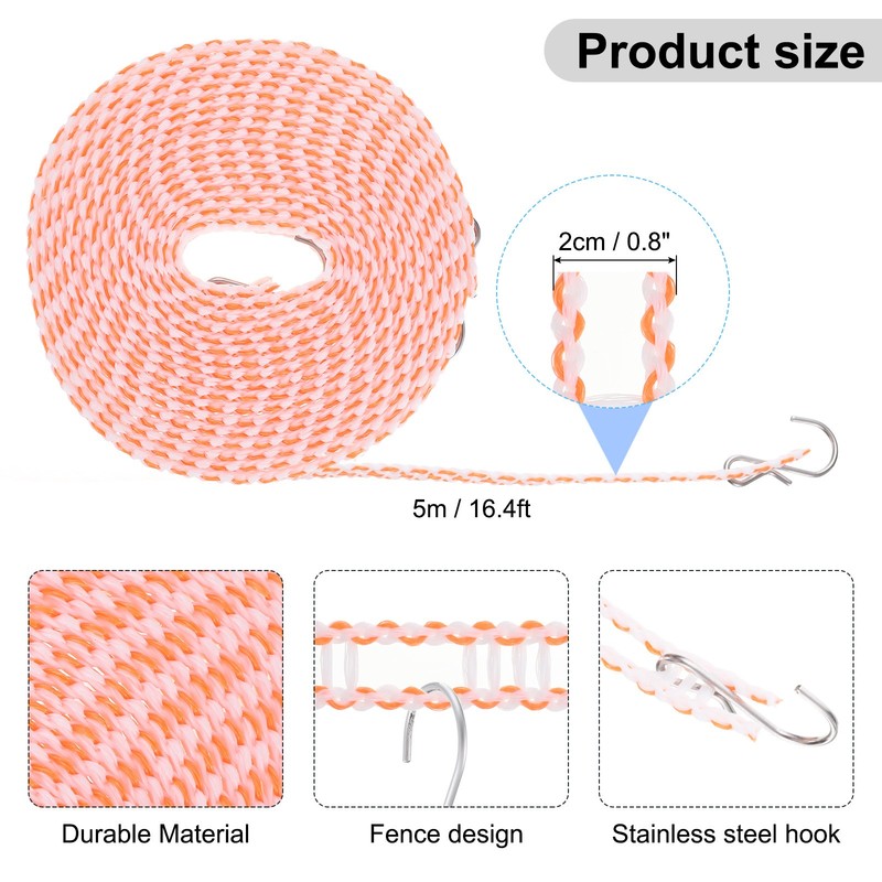 Windproof Clothesline, 5M 16.4ft Plastic Non-Slip Clothes Drying Rope, Orange gallery
