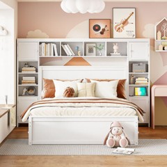 Full Queen Size Platform Bed with Storage Drawers All-in-One Cabinet and Shelves