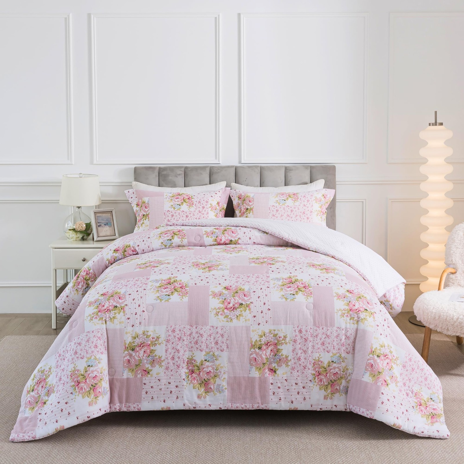 Cotton Comforter Set - King Size and 2 Shams, Pink Floral Patchwork Bedding S... gallery