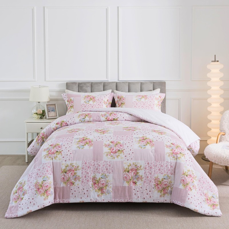 Cotton Comforter Set - King Size and 2 Shams, Pink Floral Patchwork Bedding S... gallery