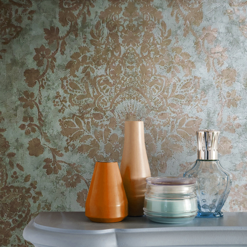 Textured Wallpaper green Metallic bronze vintage rusted Diamond Floral damask 3D gallery