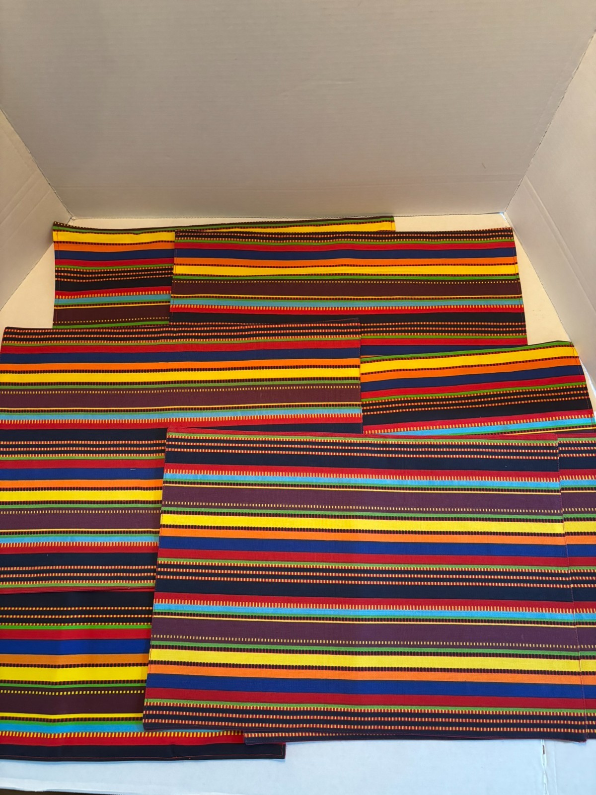 Lot of 8 Multi Coloured Striped Table Placemats Cotton with Red/Maroon Backing gallery