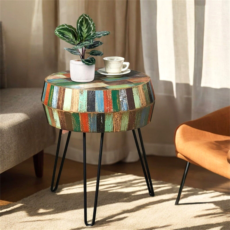 Greenage Side End Table Solid Reclaimed Wood Nightstand Round 3D Round 23.5" H gallery