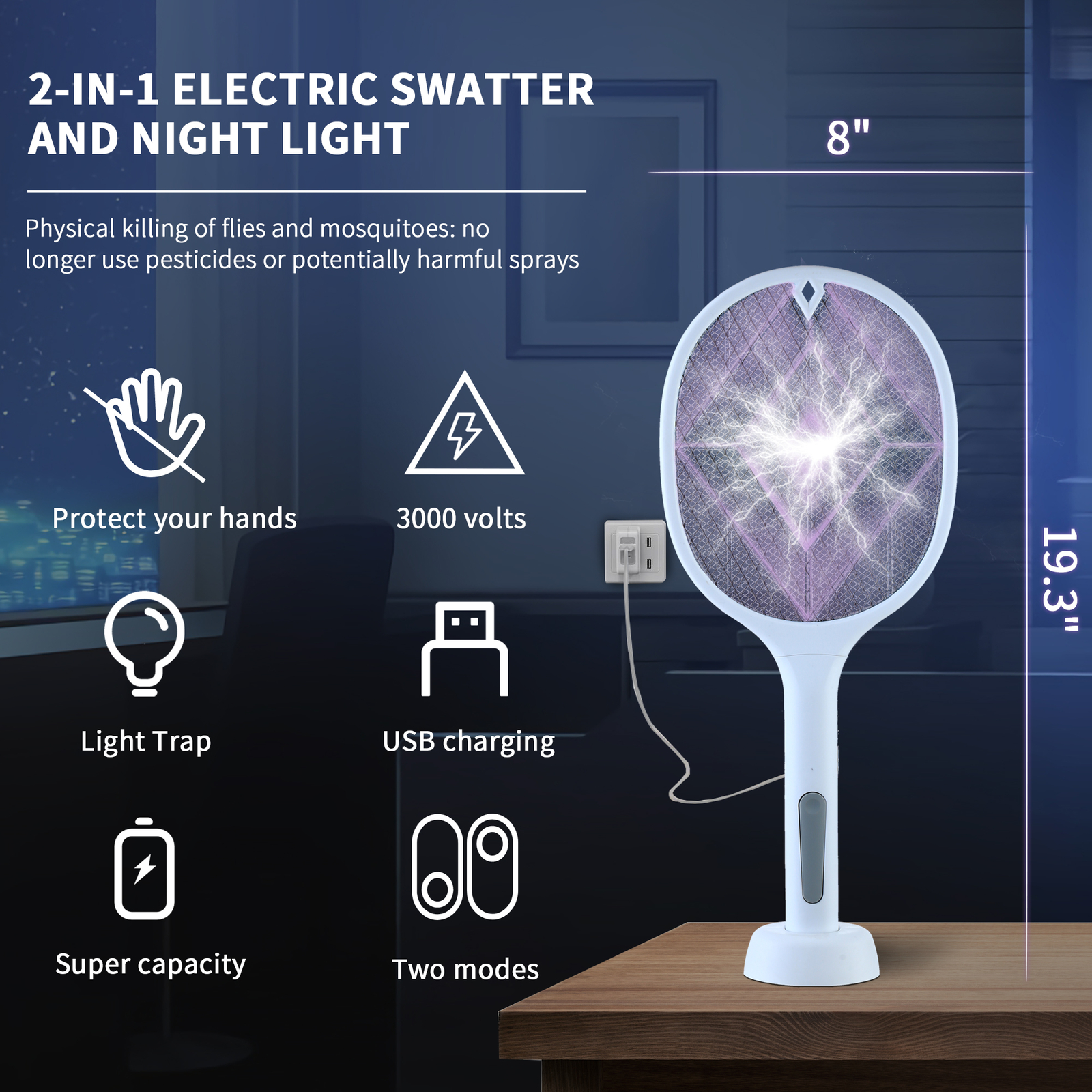 Rechargeable Dual-Mode Electric Fly Swatter Bug Zapper With Base, Lightweight gallery