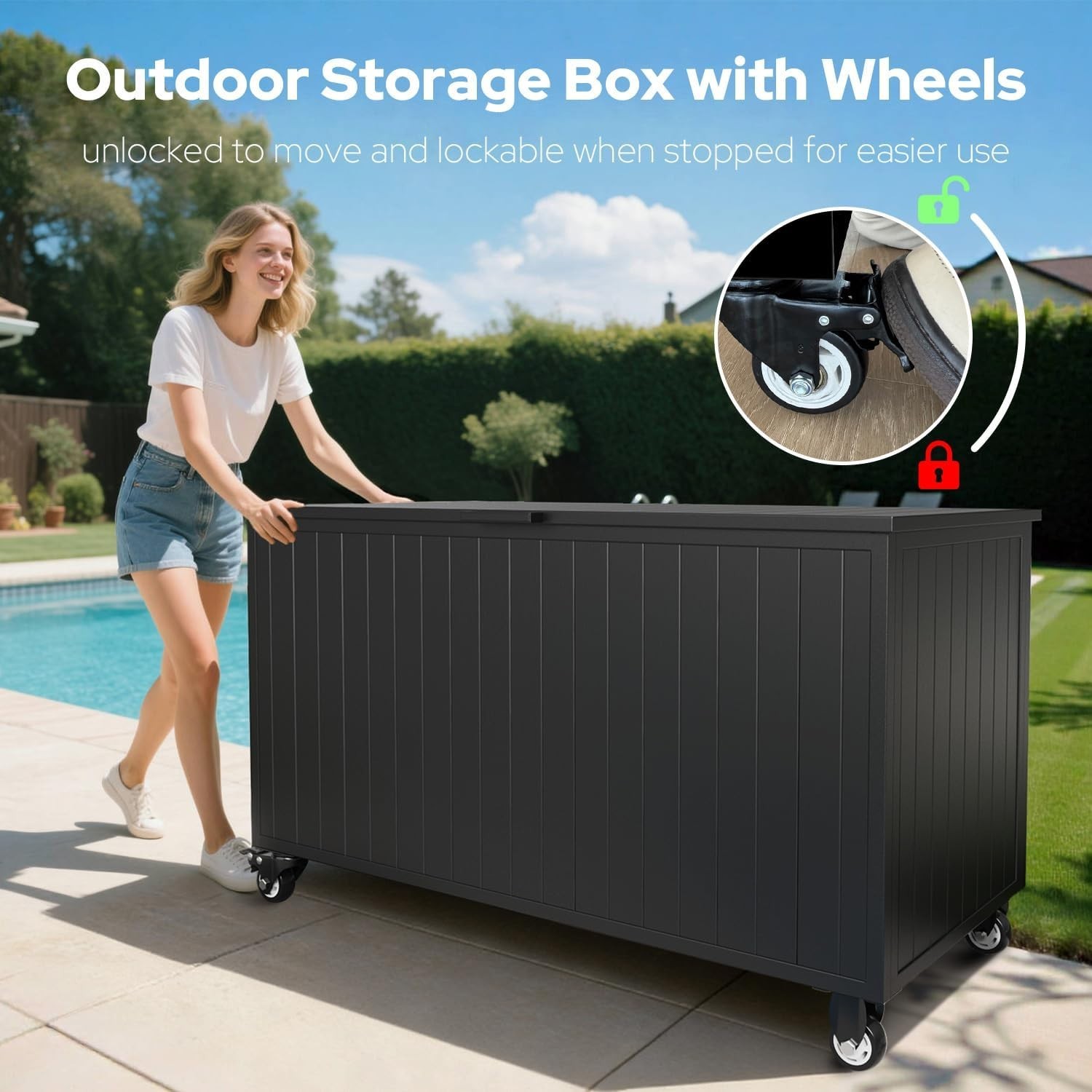Outdoor Storage Box with Wheels 150 Gallon, Mobile Aluminum Deck Boxes Outdoor gallery