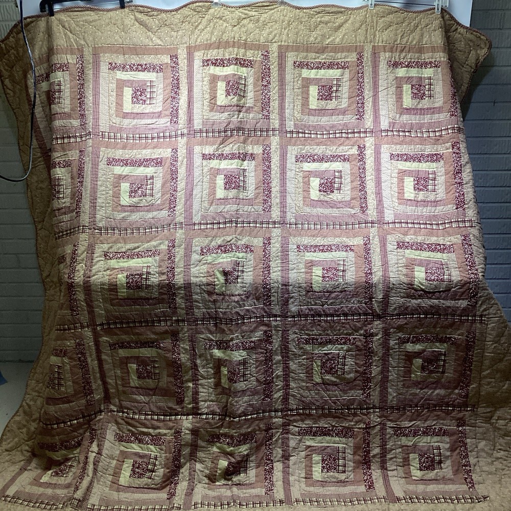 Full Quilt Red Tan Log Cabin Patchwork Cotton "Victorian Heart" 86" x 86" 1 Sham