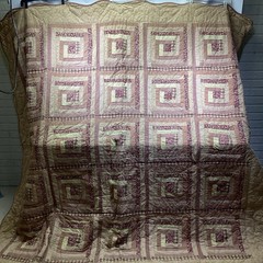 Full Quilt Red Tan Log Cabin Patchwork Cotton “Victorian Heart” 86″ x 86″ 1 Sham
