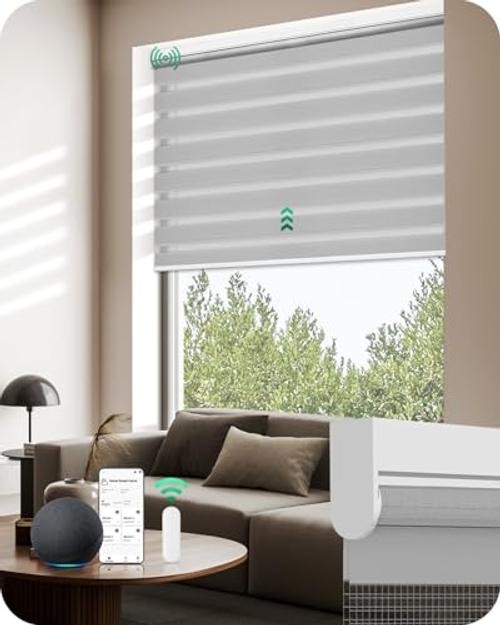 Motorized Zebra Blinds with Remote, Electric Dual-Layer 35"W x 72"H Gray gallery
