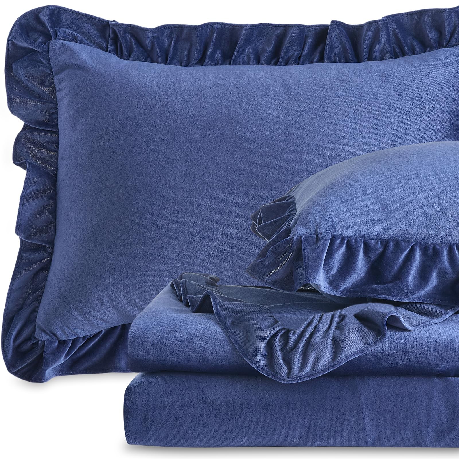 Velvet Plush Flannel Queen Sheet Set 4 Piece 16 Inch Deep Pocket Ruffled Navy gallery