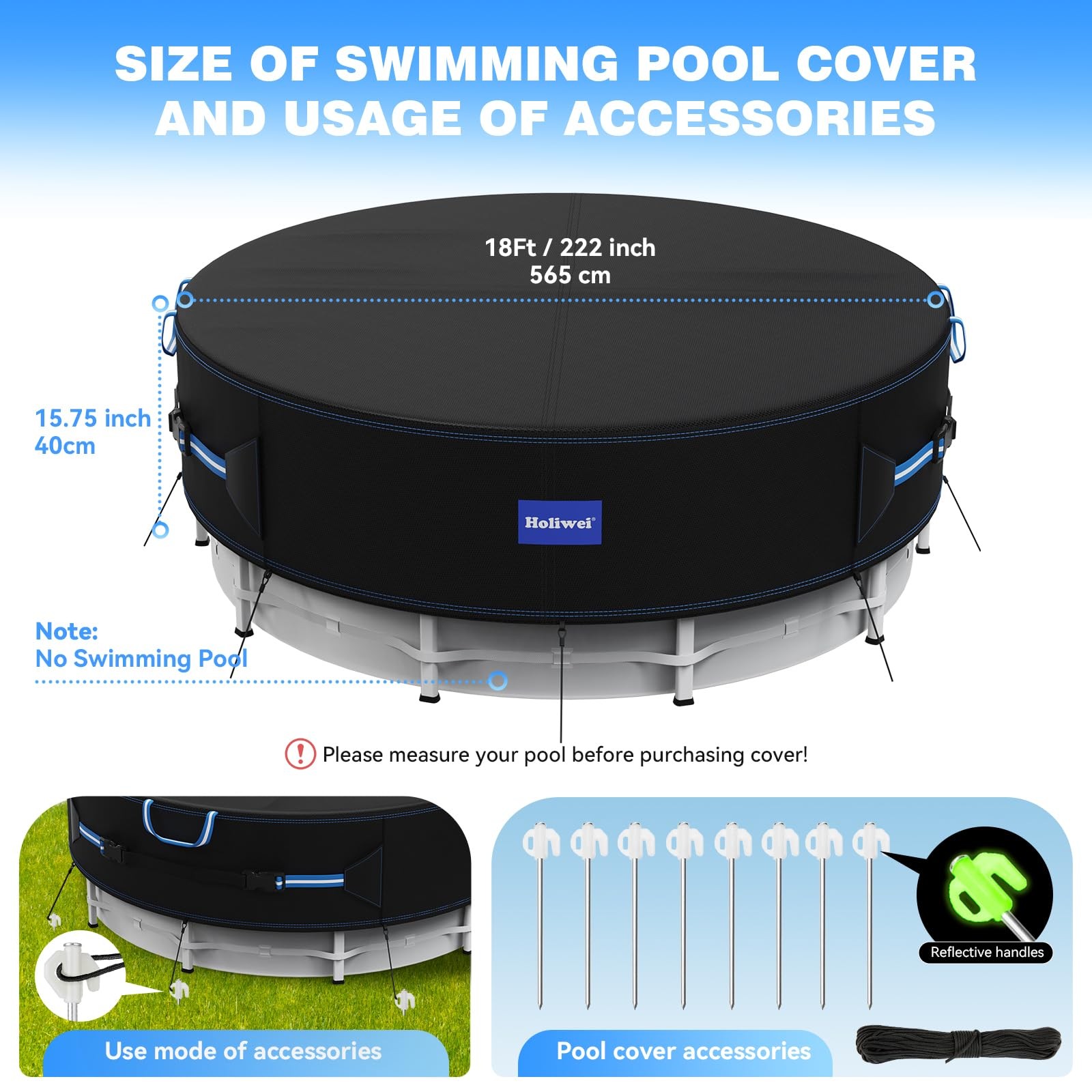Holiwei 18 Ft Round Pool Cover with Reflective Strips, 420D 18 Ft, Black gallery