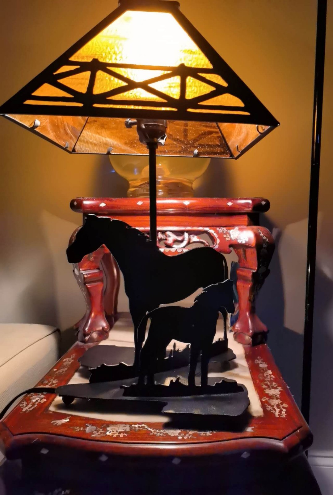 Unique iron black horses silhouette table lamp with amber glass lampshade gallery