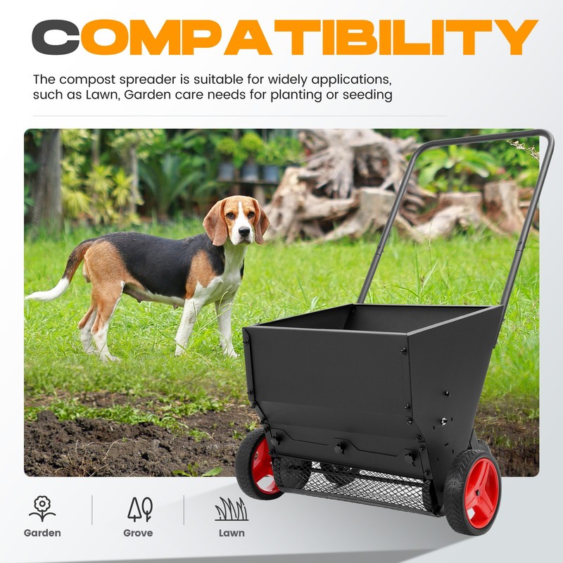 Lawn Drop Spreader, Compost Spreader, Adjustable Rate Metal Mesh Basket for Feed gallery