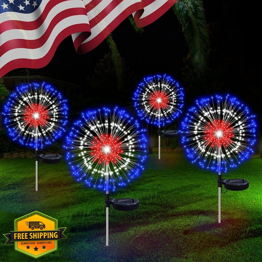 HELESIN 4 Pack 4th July Solar Firework Lights Red White Blue gallery