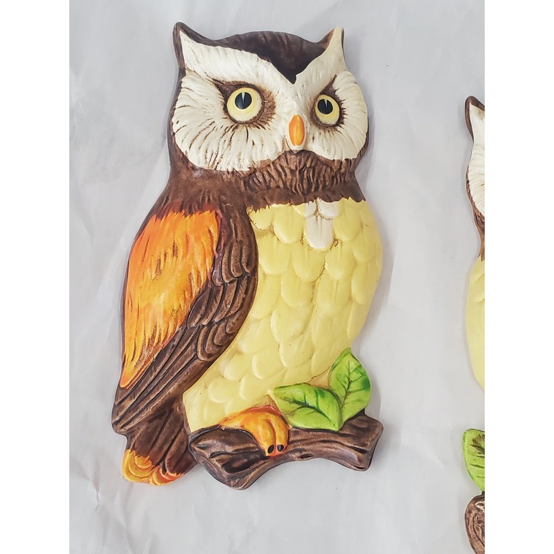 Vintage Lefton Ceramic Owl Wall Plaques Set of 2 Brown Orange Yellow Japan 382 gallery