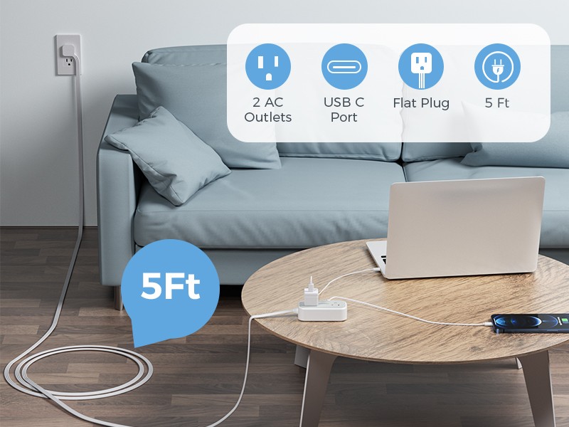 TESSAN Small Flat Plug Power Strip Surge Protector Charging Station for Office gallery