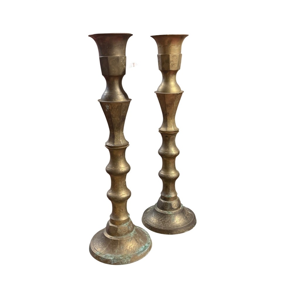 Brass Vintage Etched Candlesticks Pair Very Tall Boho Taper Candle Holders