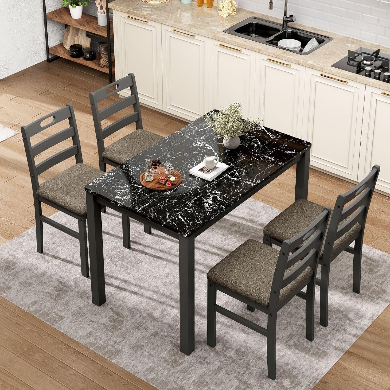 Kitchen Table and Dining Room Table Set, Wood Faux Marble Kitchen Sets for 4 gallery