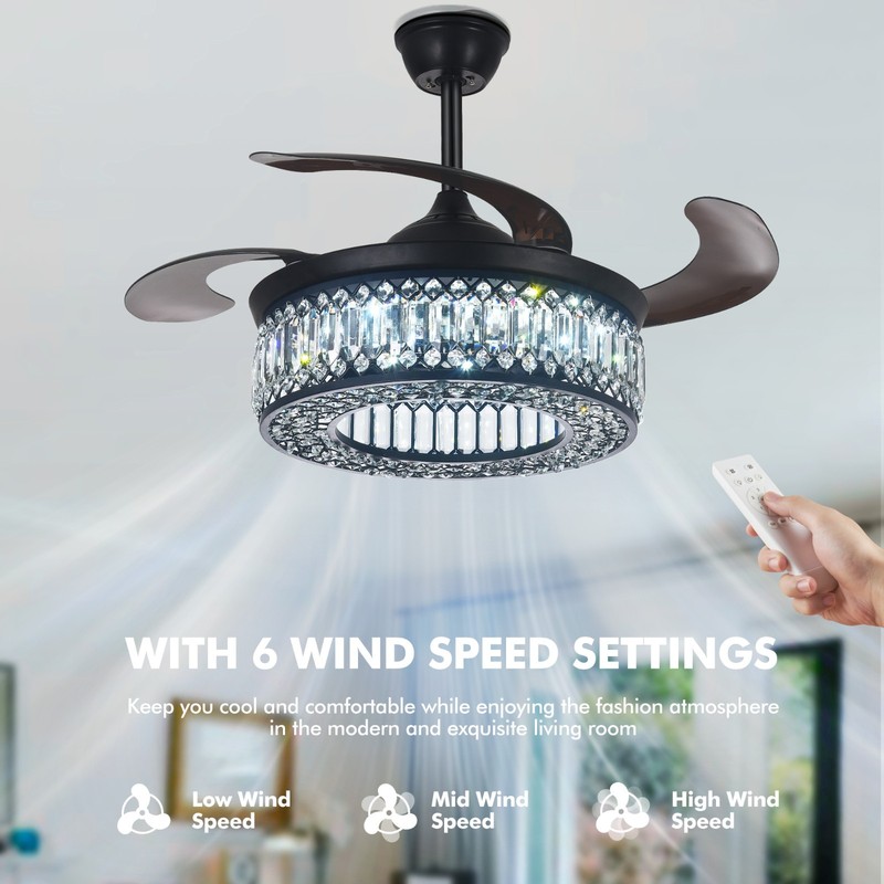 42" Retractable Ceiling Fan Crystal Chandelier Reversible Remote 6 Speed 3-Color gallery