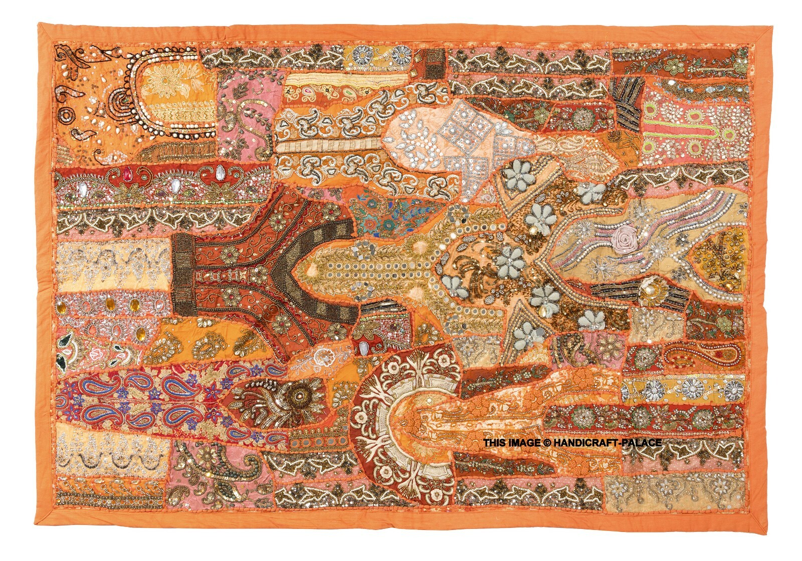 60" ORANGE HANDCRAFTED VINTAGE DÉCOR BEAD ZARI KUNDAN SARI TAPESTRY WALL HANGING gallery