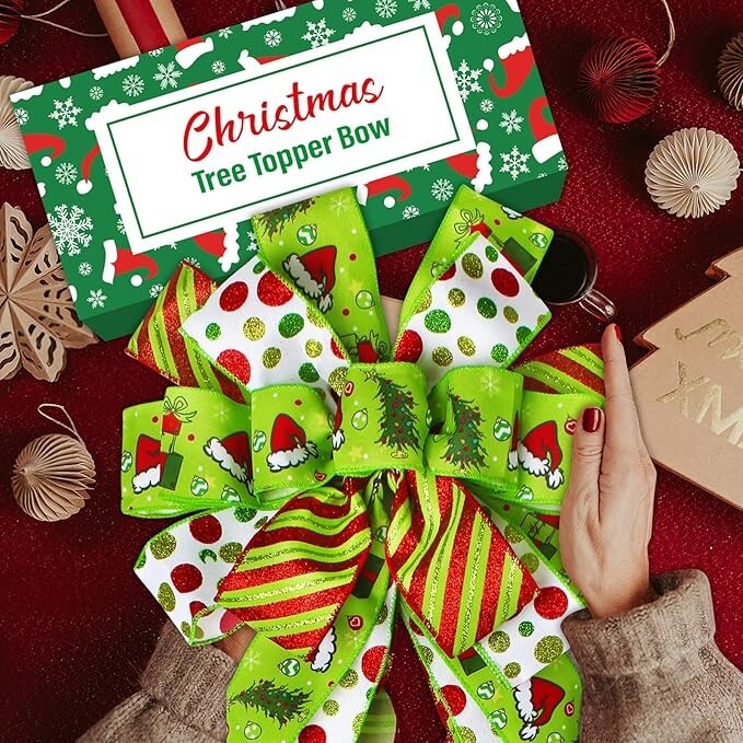 Festive Multi-Pattern Christmas Tree Bow - Large 13" x 44" Holiday Topper gallery