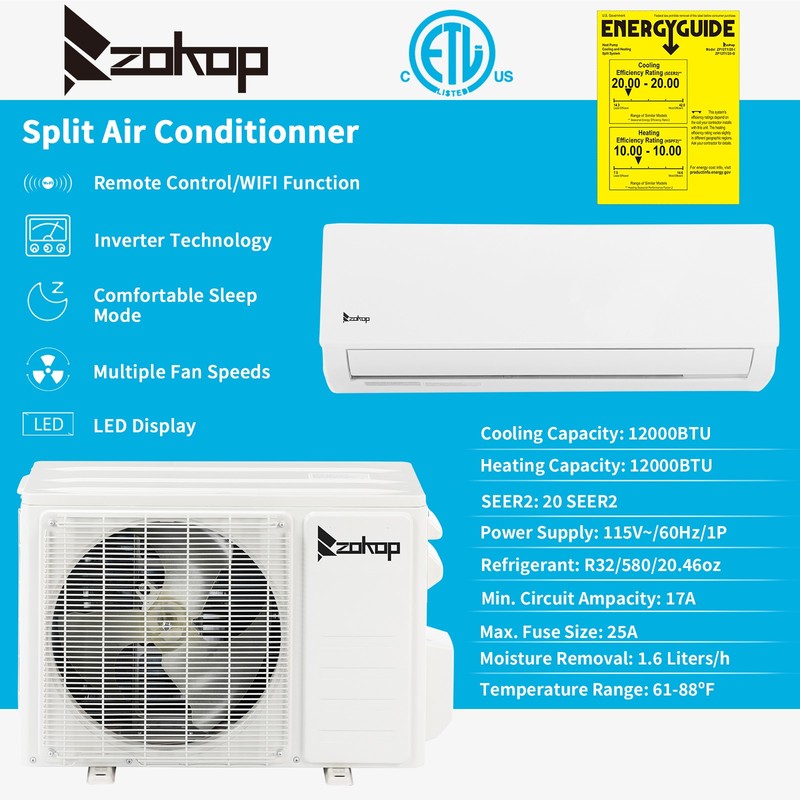 12000 BTU 115V Wall Mounted Mini Split Air Conditioner 20SEER W/Heat Pump & Wifi gallery