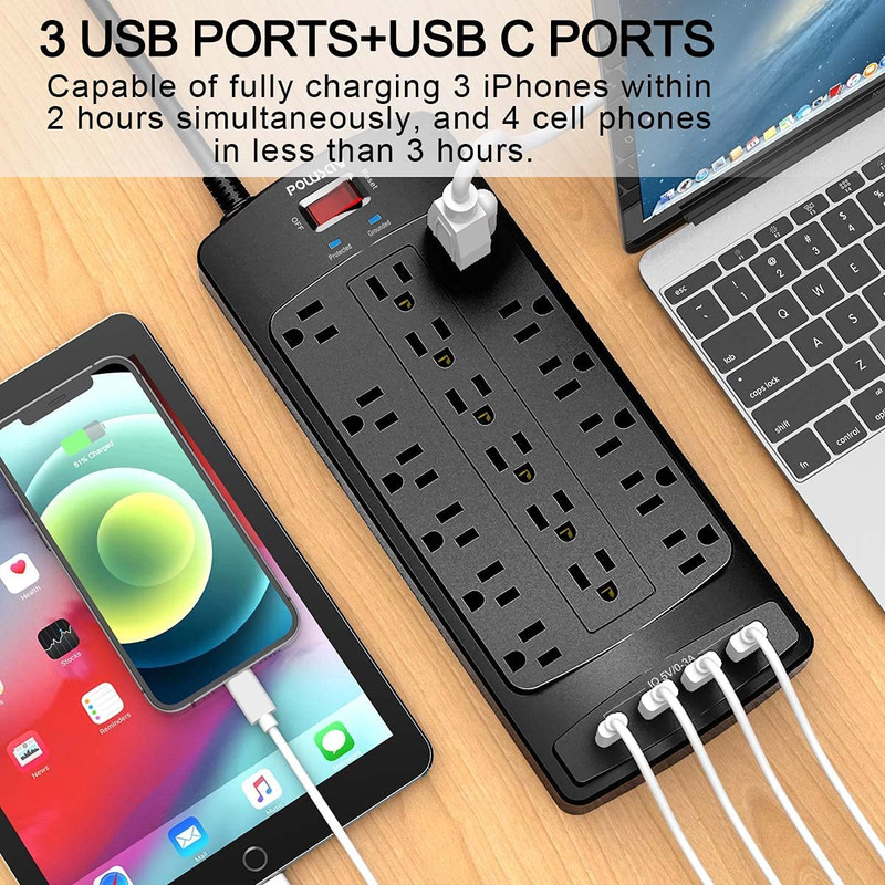 18 Outlets Surge Protector Power Strip - 6 Feet Flat Plug Heavy Duty Extension C gallery