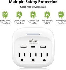 Multi Plug Outlet Extender With USB C, 3 Outlets Surge Protector 600J Wall Plug