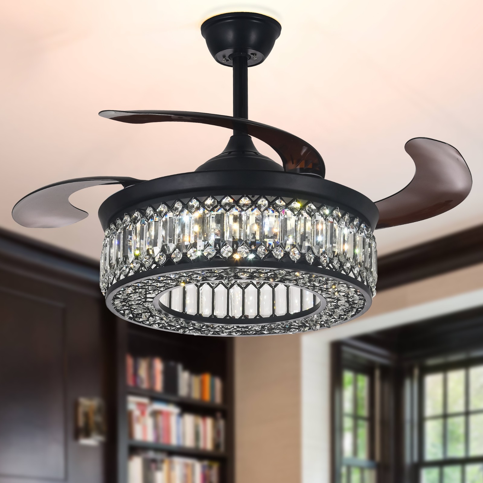 42" Retractable Ceiling Fan Crystal Chandelier Reversible Remote 6 Speed 3-Color gallery