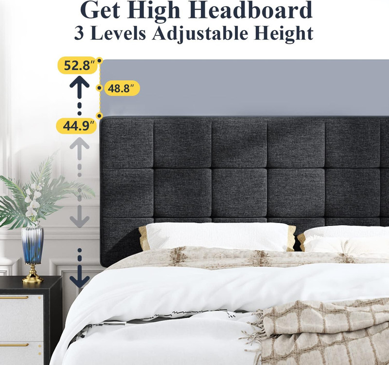 Stylish Queen Size Panel Bed Frame with Adjustable Dark Grey Upholstered Headboa gallery