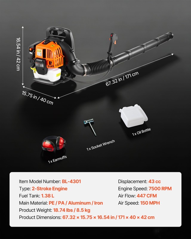 VEVOR Backpack Leaf Blower 43CC 2-Stroke Gas Powered Leaf Blower 447CFM 150MPH gallery