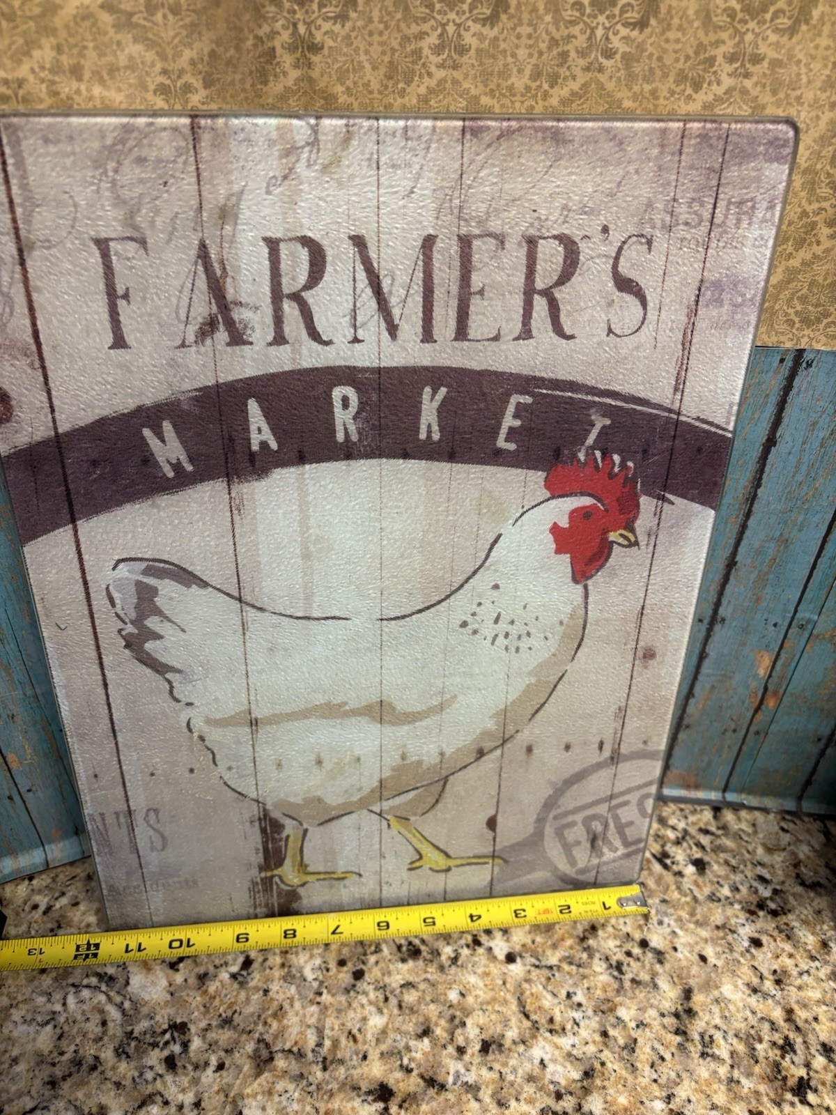 Rooster Counter Saver Art Glass Cutting Board Vintage 15"x11.5” Farmers Market gallery