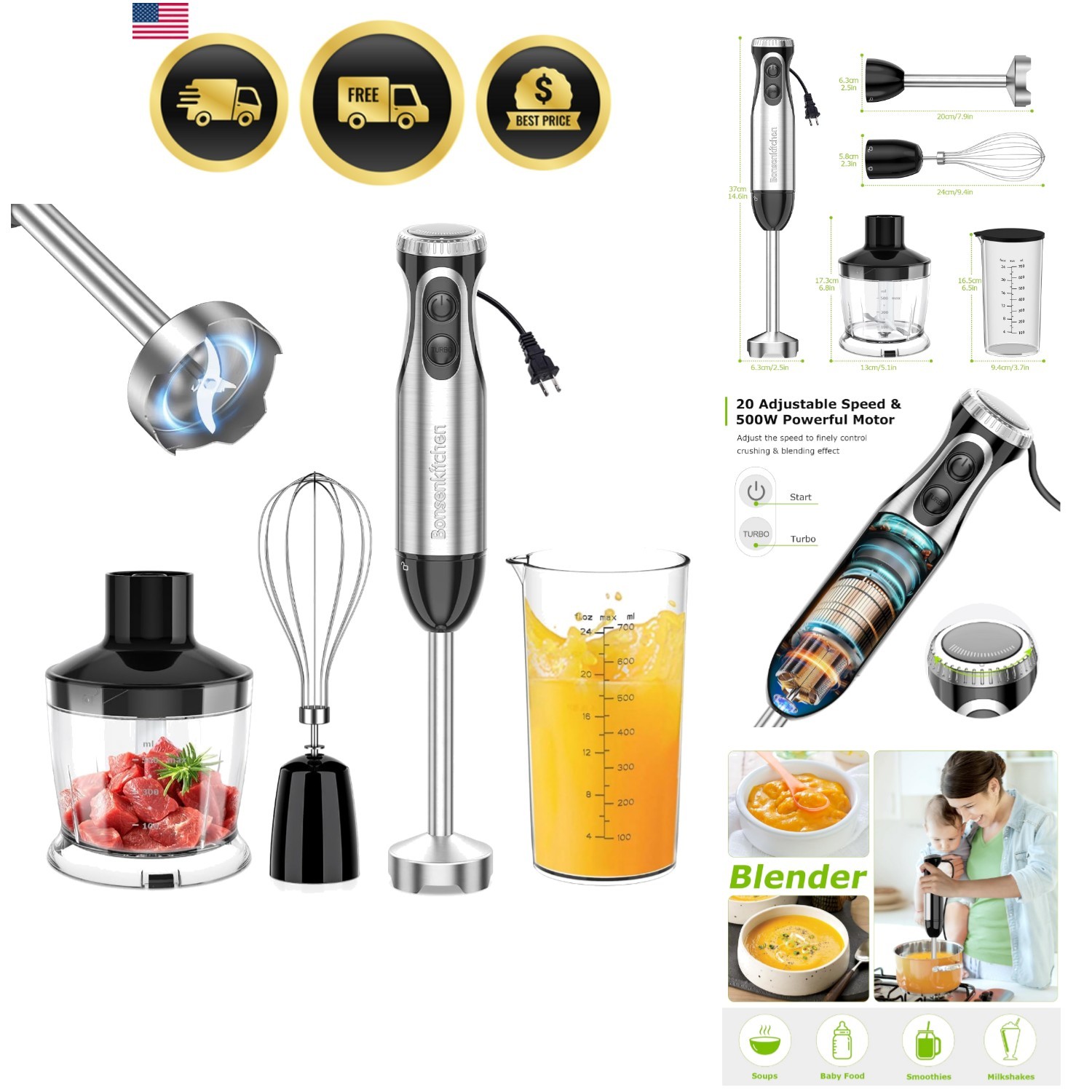 Immersion Blender Handheld with Food Processor, 20 Speeds Hand Blender with T... gallery