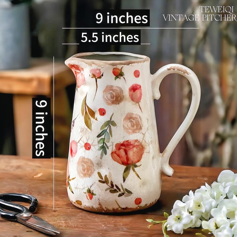Retro Rustic Large Ceramic Vase w/ Handle, Distressed Farmhouse Pitcher gallery