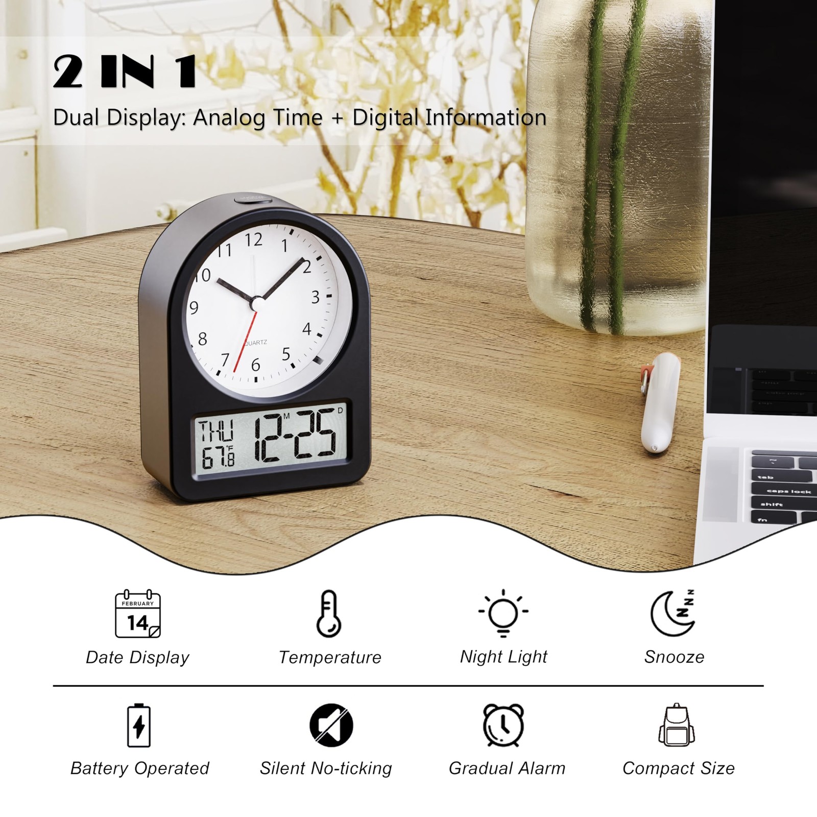 ® 4" Analog Digital Alarm Clock, Battery Operated Desk Clock, Table Clock wit... gallery